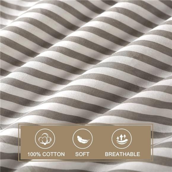 100%Natural Cotton 3pcs Striped Duvet Cover Sets with Zipper Closure&Corner Ties - Picture 4 of 6